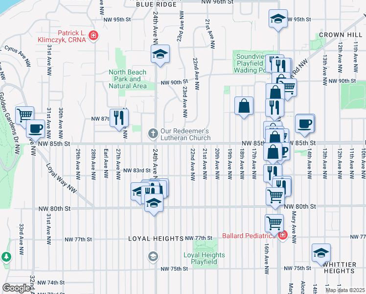 map of restaurants, bars, coffee shops, grocery stores, and more near 2143 Northwest 86th Street in Seattle