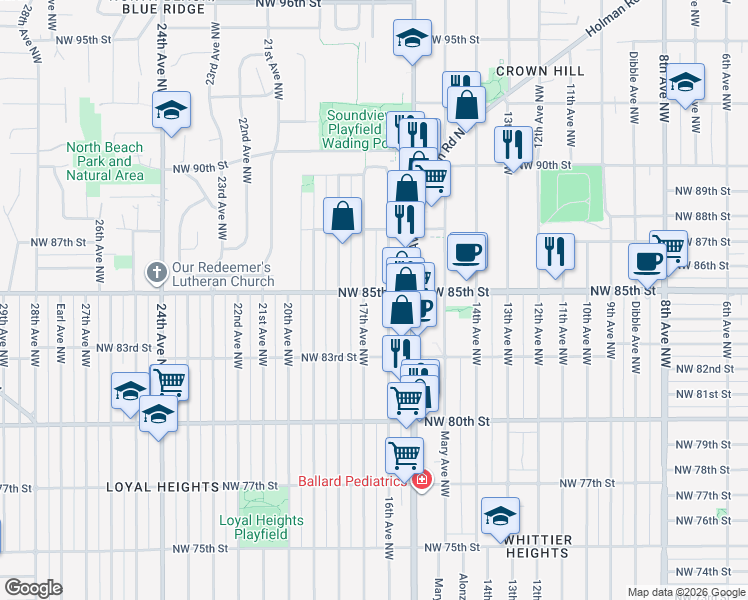 map of restaurants, bars, coffee shops, grocery stores, and more near 1609 Northwest 85th Street in Seattle
