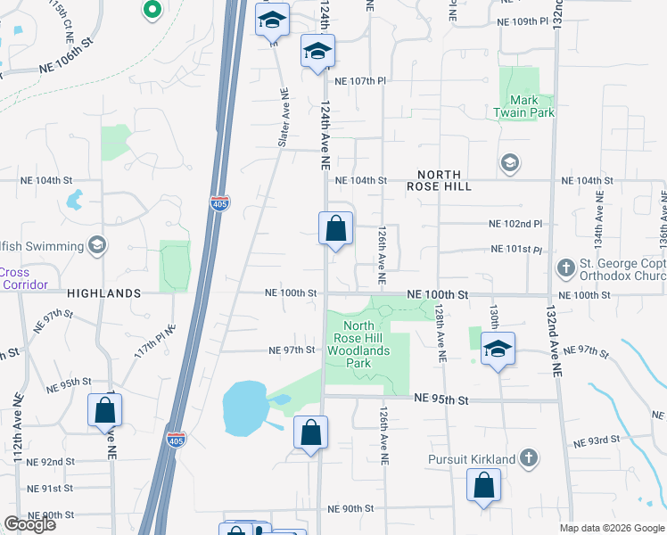 map of restaurants, bars, coffee shops, grocery stores, and more near 10046 124th Avenue Northeast in Kirkland