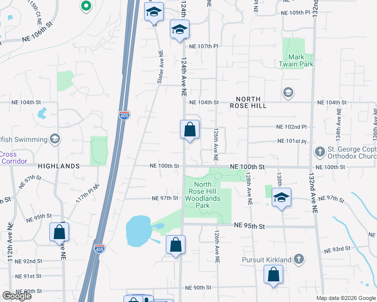 map of restaurants, bars, coffee shops, grocery stores, and more near 10046 124th Avenue Northeast in Kirkland