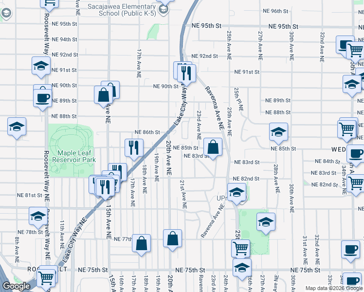 map of restaurants, bars, coffee shops, grocery stores, and more near 8605 21st Place Northeast in Seattle