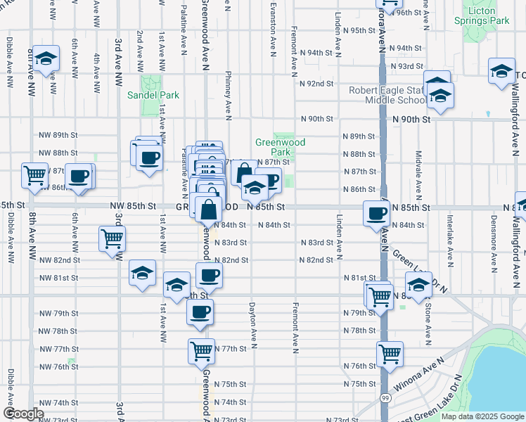 map of restaurants, bars, coffee shops, grocery stores, and more near 504 North 85th Street in Seattle