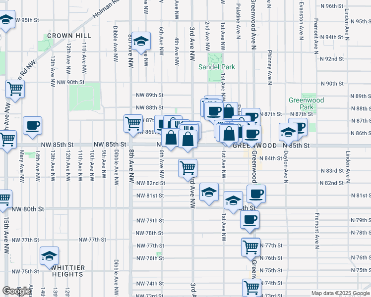 map of restaurants, bars, coffee shops, grocery stores, and more near 300 Northwest 85th Street in Seattle
