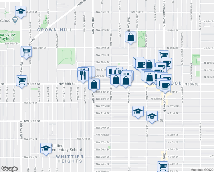 map of restaurants, bars, coffee shops, grocery stores, and more near 614a Northwest 85th Street in Seattle