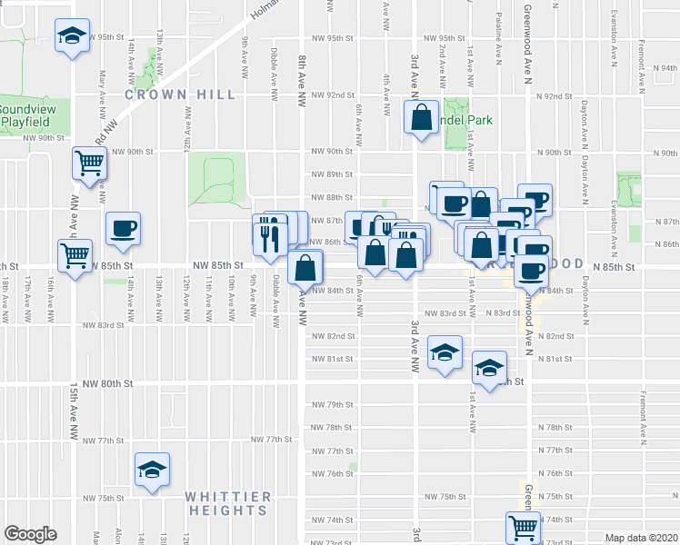 map of restaurants, bars, coffee shops, grocery stores, and more near 614a Northwest 85th Street in Seattle