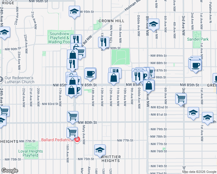 map of restaurants, bars, coffee shops, grocery stores, and more near 8501 12th Avenue Northwest in Seattle