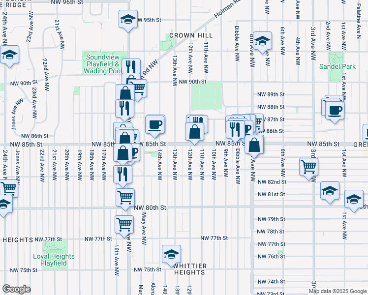 map of restaurants, bars, coffee shops, grocery stores, and more near 8501 12th Avenue Northwest in Seattle