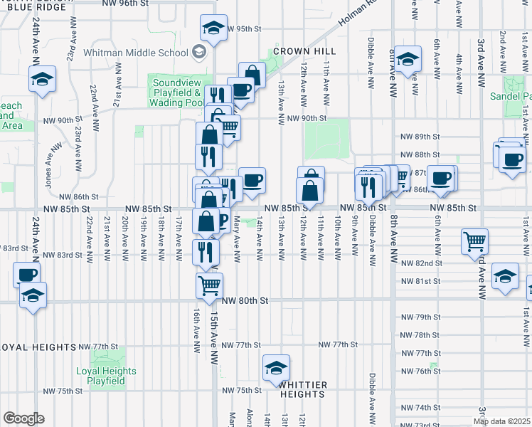map of restaurants, bars, coffee shops, grocery stores, and more near in Seattle