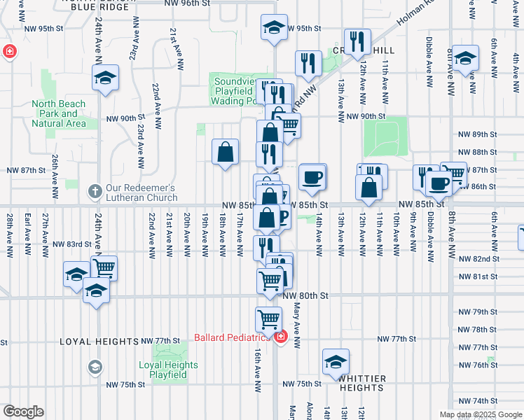 map of restaurants, bars, coffee shops, grocery stores, and more near 8500 16th Avenue Northwest in Seattle