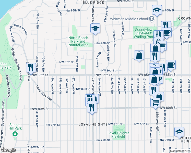 map of restaurants, bars, coffee shops, grocery stores, and more near 2325 Northwest 86th Street in Seattle
