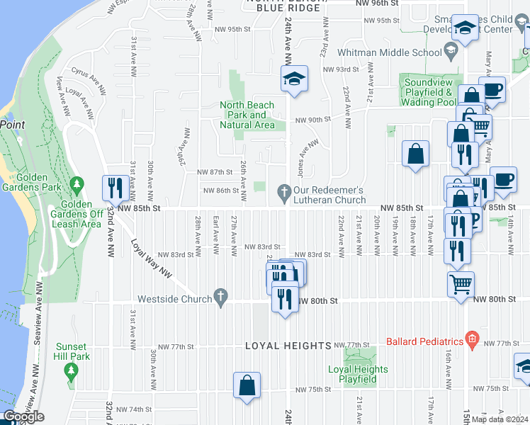 map of restaurants, bars, coffee shops, grocery stores, and more near 2500 Northwest 85th Street in Seattle