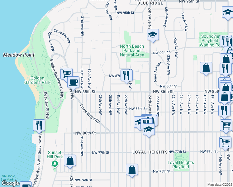 map of restaurants, bars, coffee shops, grocery stores, and more near 2655 Northwest 86th Street in Seattle