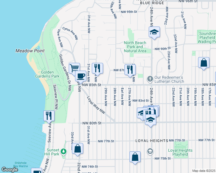 map of restaurants, bars, coffee shops, grocery stores, and more near 8508 29th Avenue Northwest in Seattle