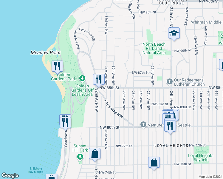 map of restaurants, bars, coffee shops, grocery stores, and more near 8510 30th Avenue Northwest in Seattle
