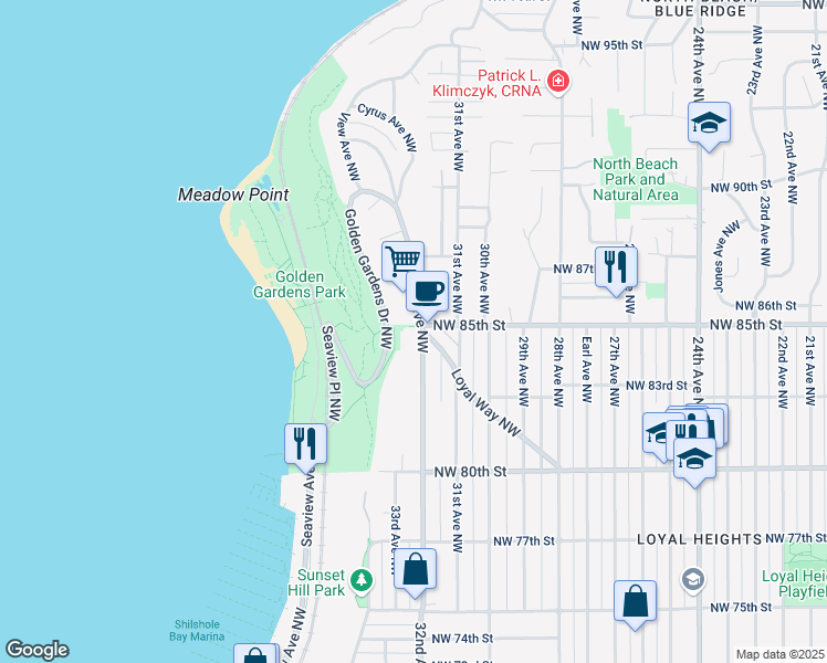 map of restaurants, bars, coffee shops, grocery stores, and more near 8516 32nd Avenue Northwest in Seattle