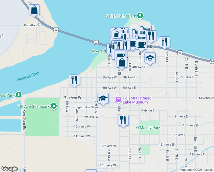 map of restaurants, bars, coffee shops, grocery stores, and more near 101 5th Avenue West in Polson