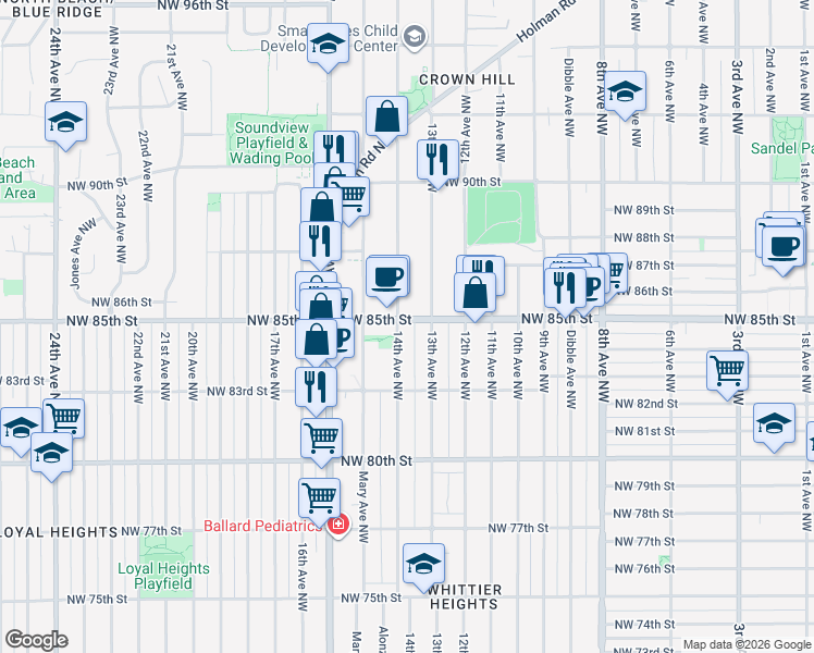 map of restaurants, bars, coffee shops, grocery stores, and more near in Seattle
