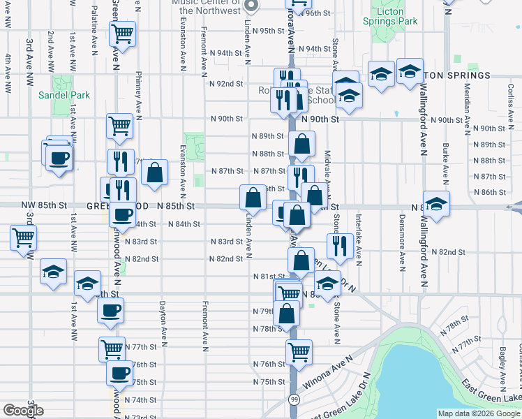 map of restaurants, bars, coffee shops, grocery stores, and more near 929 North 86th Street in Seattle