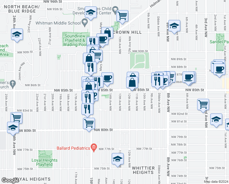 map of restaurants, bars, coffee shops, grocery stores, and more near 1315 Northwest 85th Street in Seattle