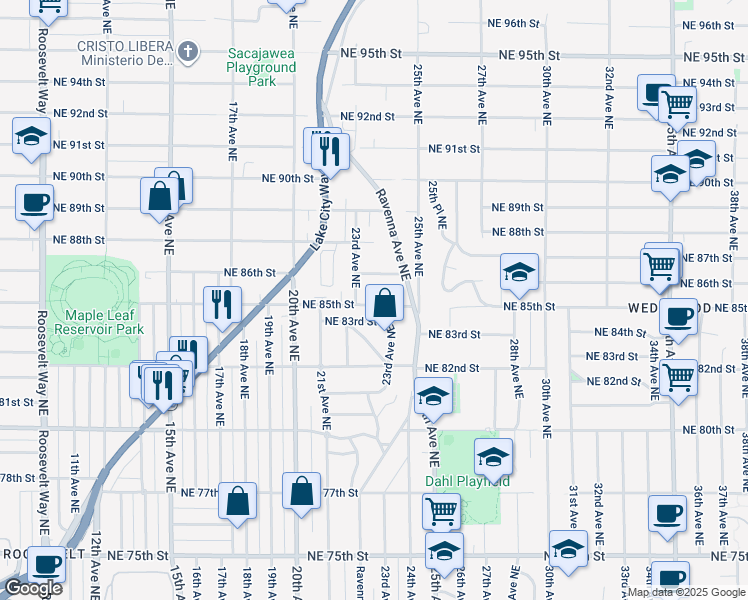 map of restaurants, bars, coffee shops, grocery stores, and more near 2316 Northeast 85th Street in Seattle