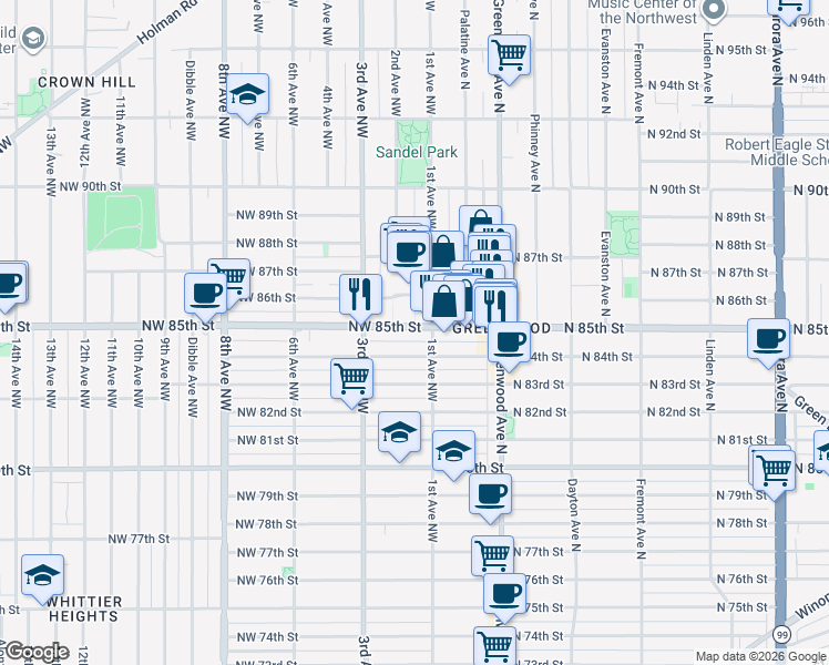 map of restaurants, bars, coffee shops, grocery stores, and more near 121 Northwest 85th Street in Seattle