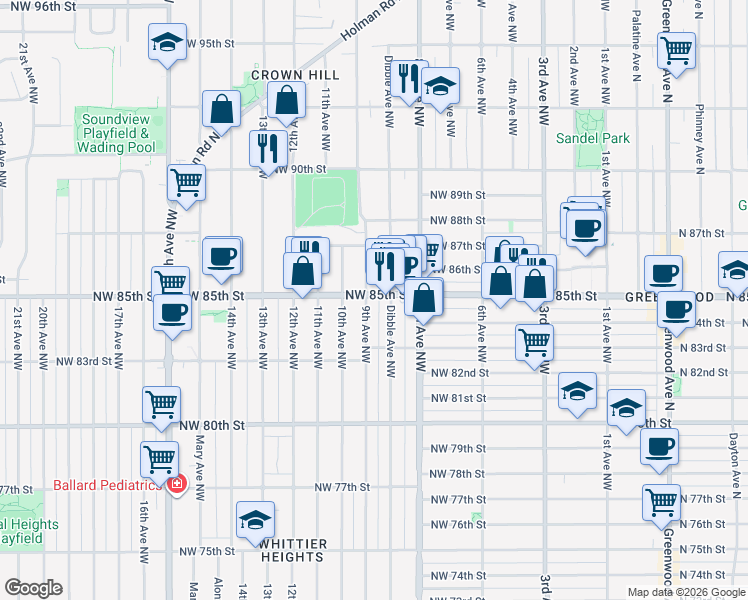 map of restaurants, bars, coffee shops, grocery stores, and more near 8509 9th Avenue Northwest in Seattle