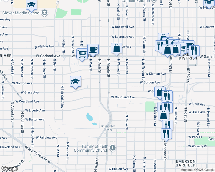 map of restaurants, bars, coffee shops, grocery stores, and more near 1604 West Glass Avenue in Spokane
