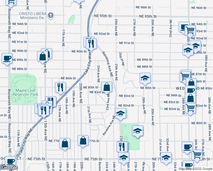 map of restaurants, bars, coffee shops, grocery stores, and more near 2337 Northeast 86th Street in Seattle