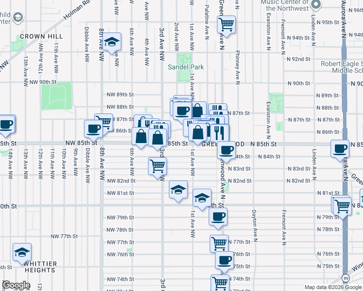 map of restaurants, bars, coffee shops, grocery stores, and more near 130 Northwest 85th Street in Seattle