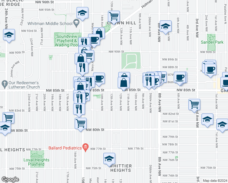 map of restaurants, bars, coffee shops, grocery stores, and more near in Seattle
