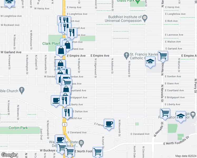 map of restaurants, bars, coffee shops, grocery stores, and more near 308 East Gordon Avenue in Spokane