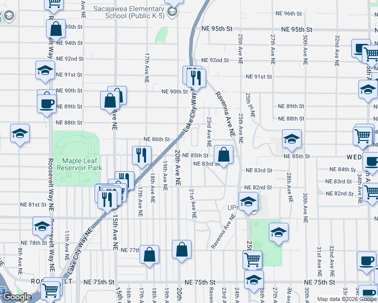 map of restaurants, bars, coffee shops, grocery stores, and more near 2020 Northeast 85th Street in Seattle