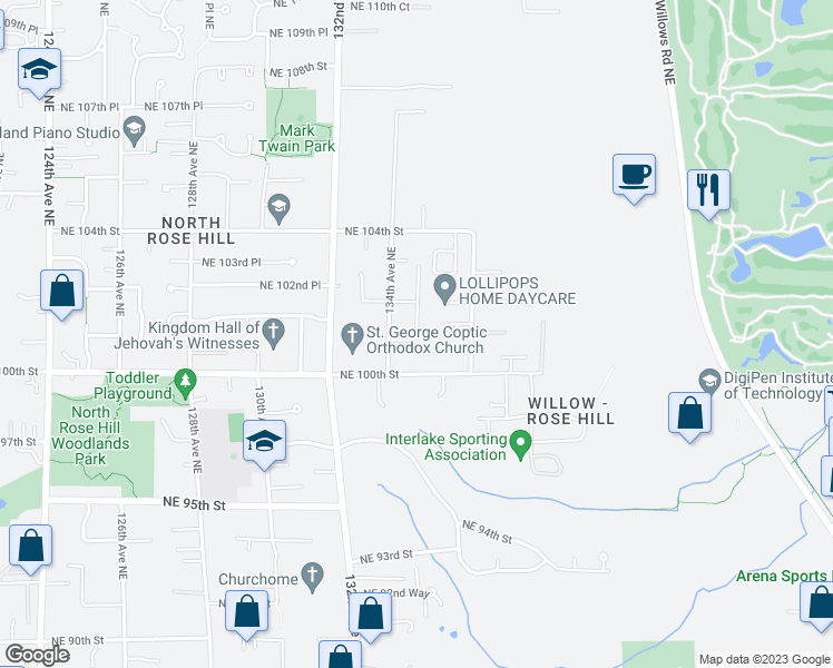 map of restaurants, bars, coffee shops, grocery stores, and more near 10172 134th Place Northeast in Kirkland