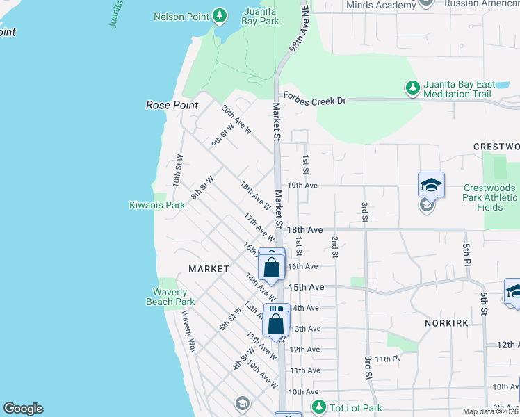 map of restaurants, bars, coffee shops, grocery stores, and more near 636 18th Avenue West in Kirkland