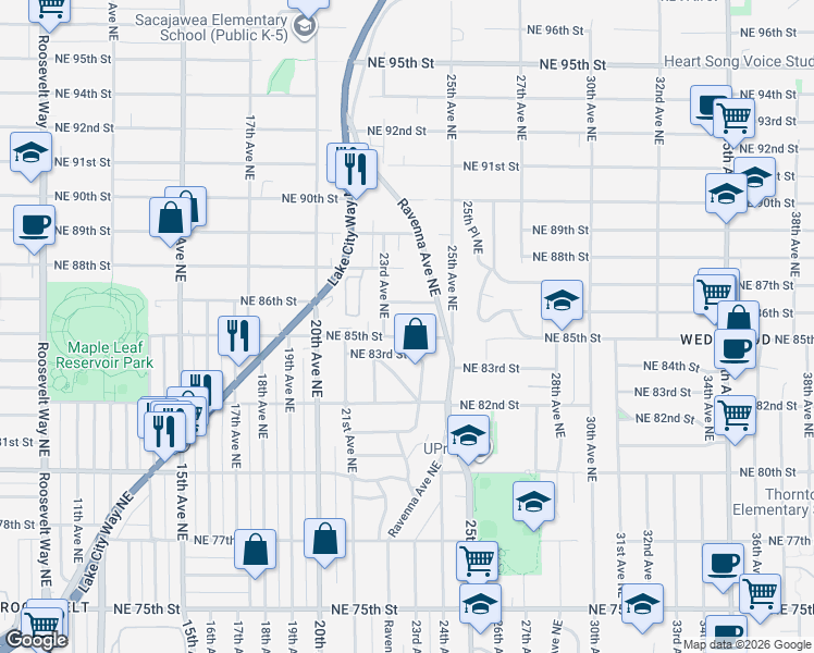 map of restaurants, bars, coffee shops, grocery stores, and more near 2316 Northeast 85th Street in Seattle