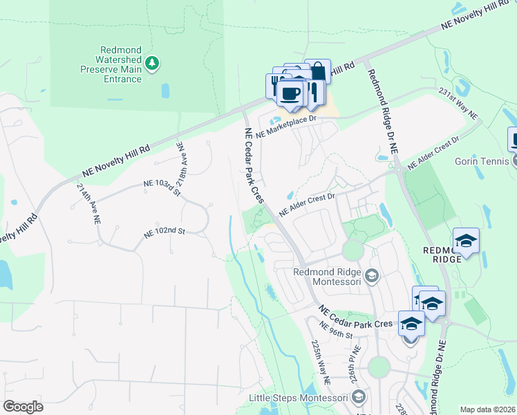 map of restaurants, bars, coffee shops, grocery stores, and more near 10315 Cedar Park Crescent Northeast in Redmond