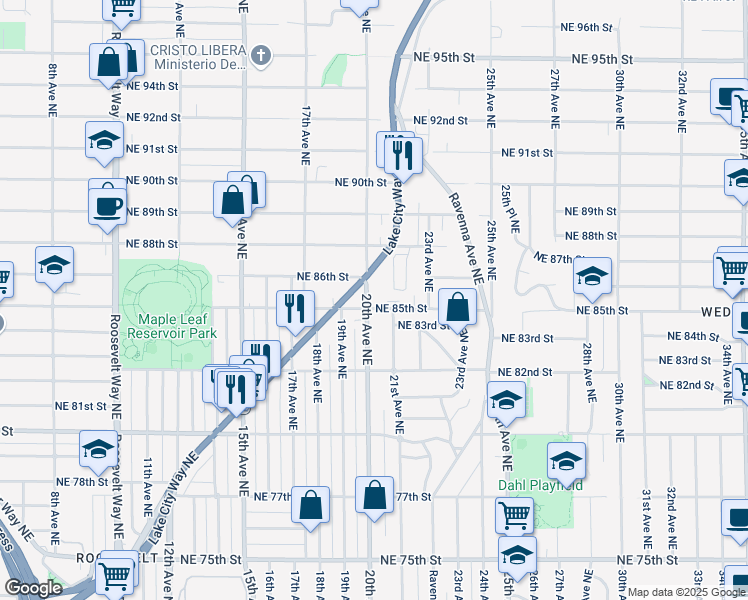 map of restaurants, bars, coffee shops, grocery stores, and more near 8500 20th Avenue Northeast in Seattle