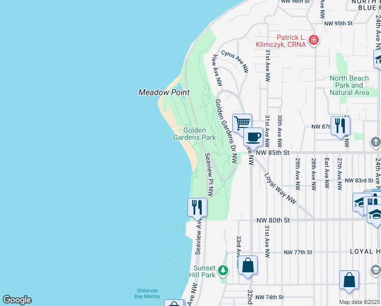map of restaurants, bars, coffee shops, grocery stores, and more near 8015 Seaview Ave NW in Seattle