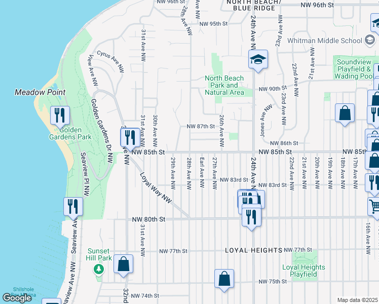 map of restaurants, bars, coffee shops, grocery stores, and more near NW 85th St & 28th Ave NW in Seattle