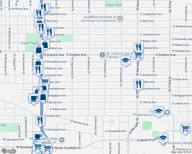 map of restaurants, bars, coffee shops, grocery stores, and more near 527 East Gordon Avenue in Spokane