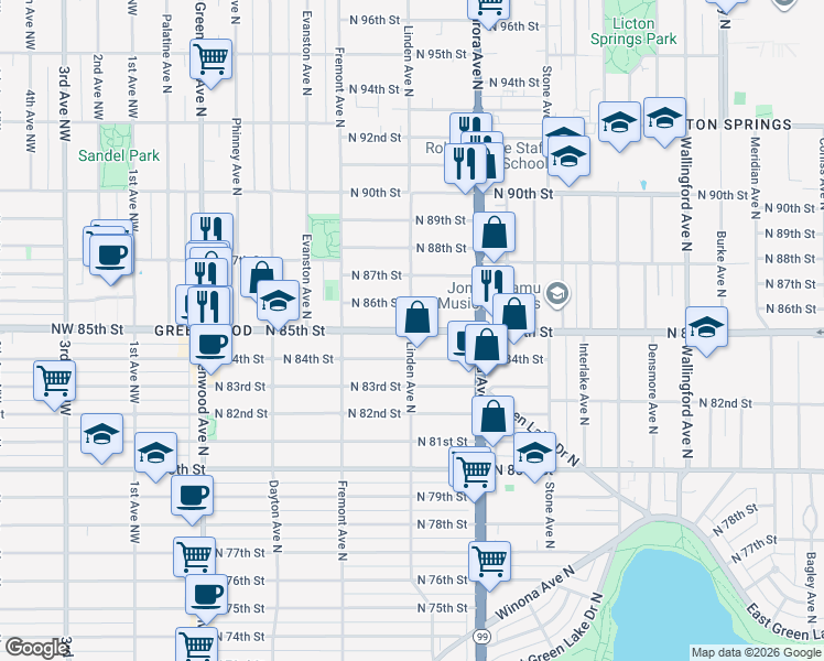 map of restaurants, bars, coffee shops, grocery stores, and more near North 85th Street & Linden Avenue North in Seattle