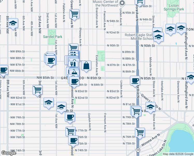 map of restaurants, bars, coffee shops, grocery stores, and more near N 85th St & Evanston Ave N in Seattle