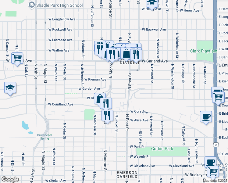 map of restaurants, bars, coffee shops, grocery stores, and more near 923 West Gordon Avenue in Spokane