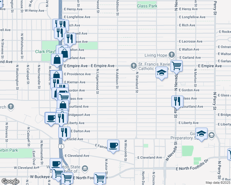 map of restaurants, bars, coffee shops, grocery stores, and more near 3517 North Addison Street in Spokane