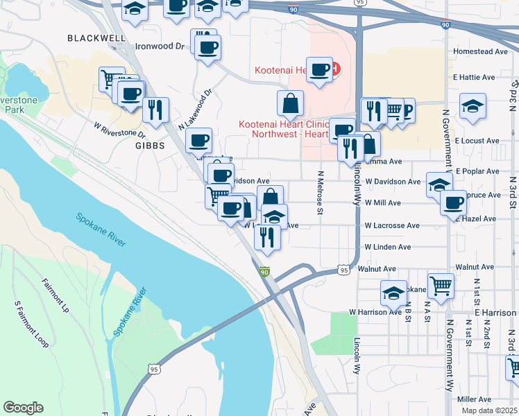 map of restaurants, bars, coffee shops, grocery stores, and more near 1011 West Mill Avenue in Coeur d'Alene