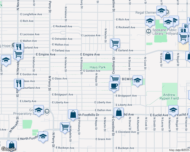 map of restaurants, bars, coffee shops, grocery stores, and more near 1818 East Gordon Avenue in Spokane