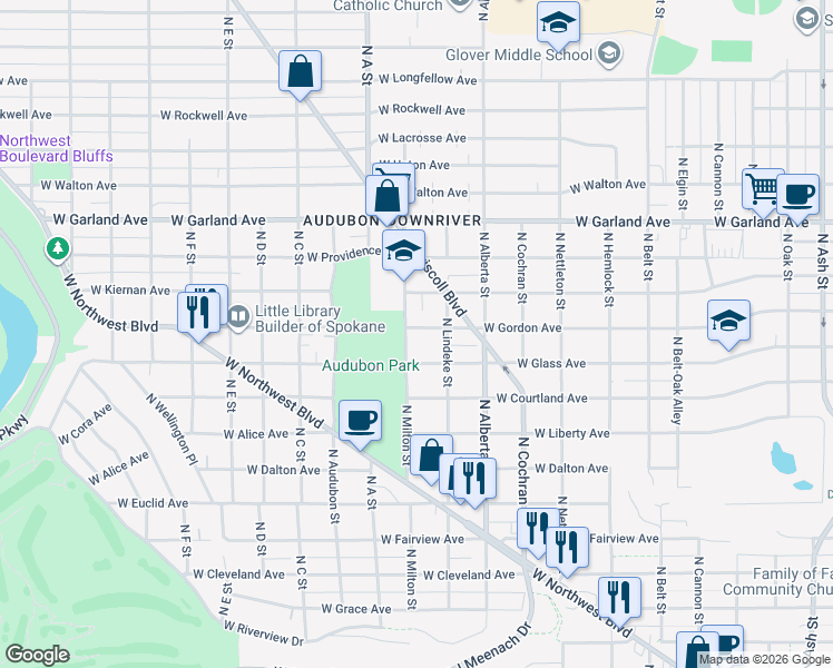 map of restaurants, bars, coffee shops, grocery stores, and more near 2712 West Gordon Avenue in Spokane