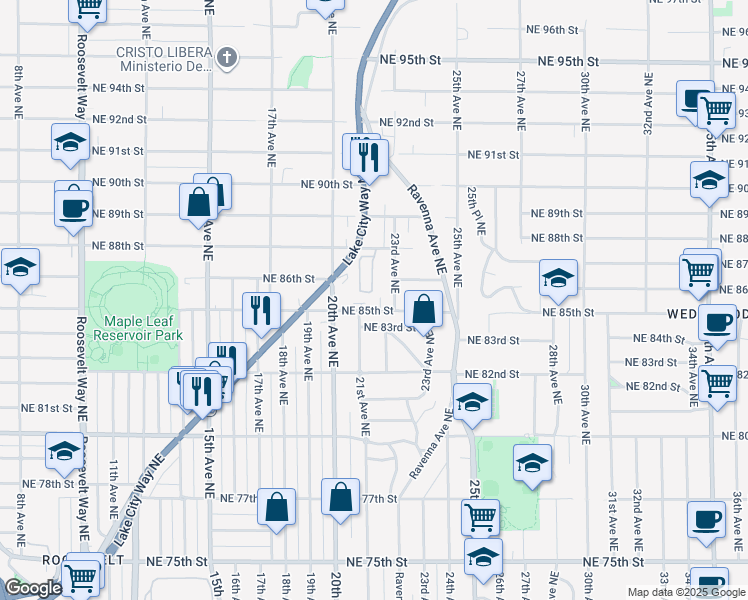 map of restaurants, bars, coffee shops, grocery stores, and more near 8605 21st Place Northeast in Seattle