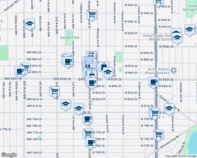 map of restaurants, bars, coffee shops, grocery stores, and more near 404 North 85th Street in Seattle