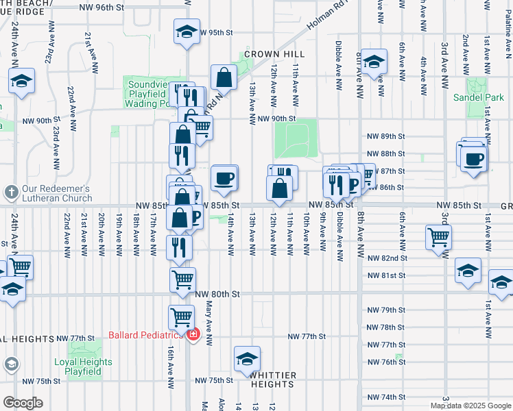 map of restaurants, bars, coffee shops, grocery stores, and more near in Seattle